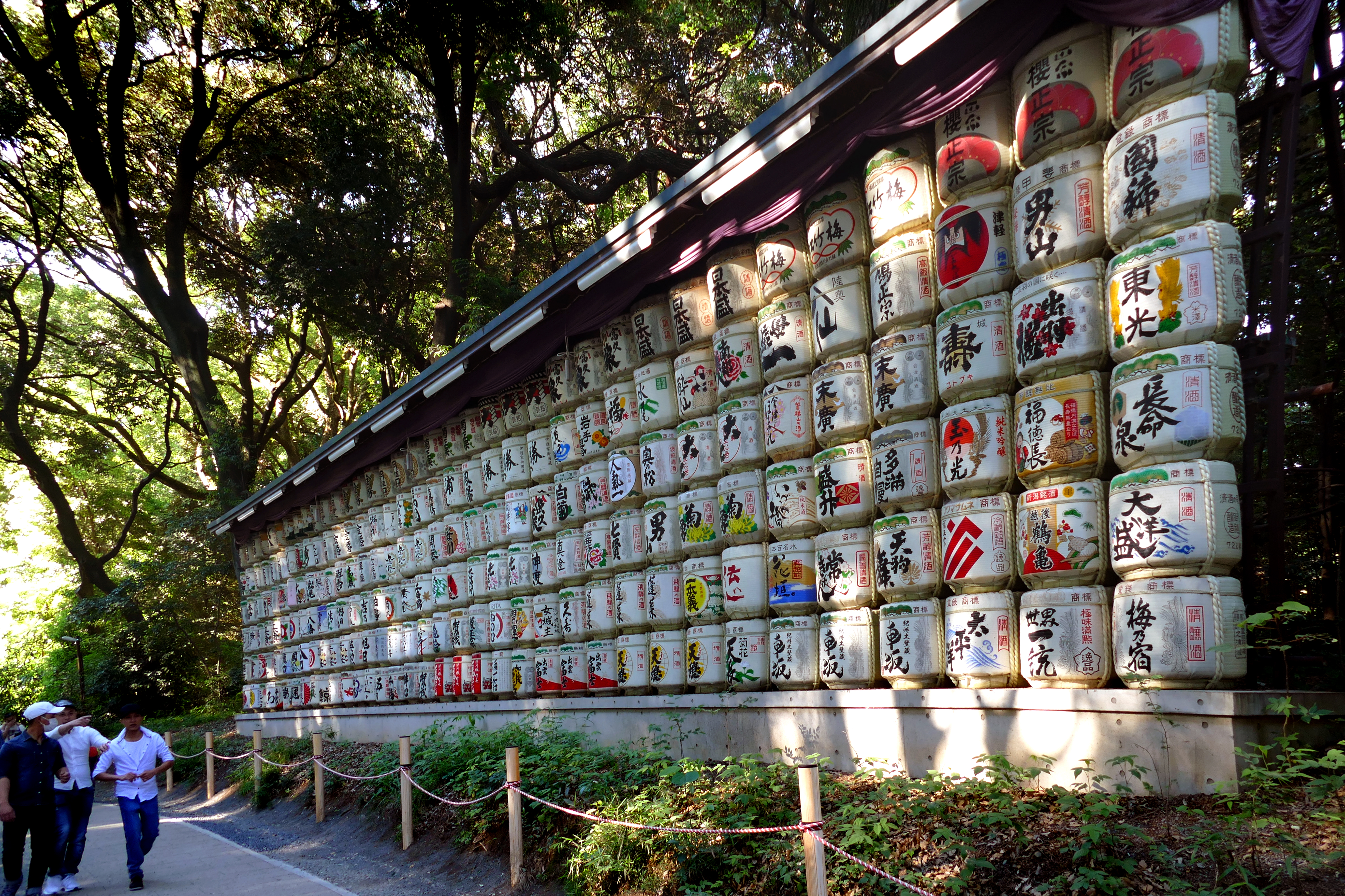 A wall of colorful donated sake barrels at Meiji Jingu