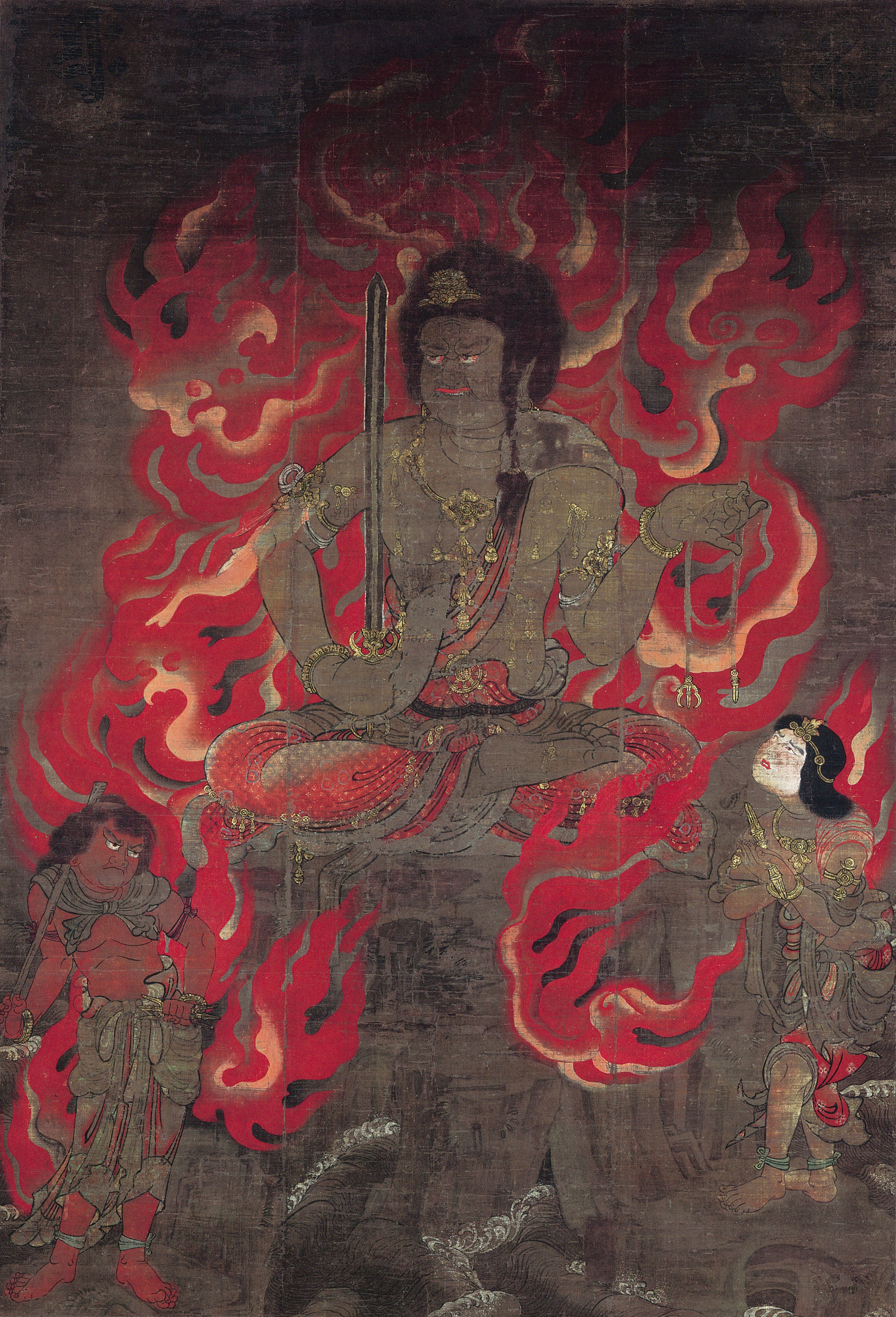 Fudo Myoo wreathed in flames, holding a sword and rope